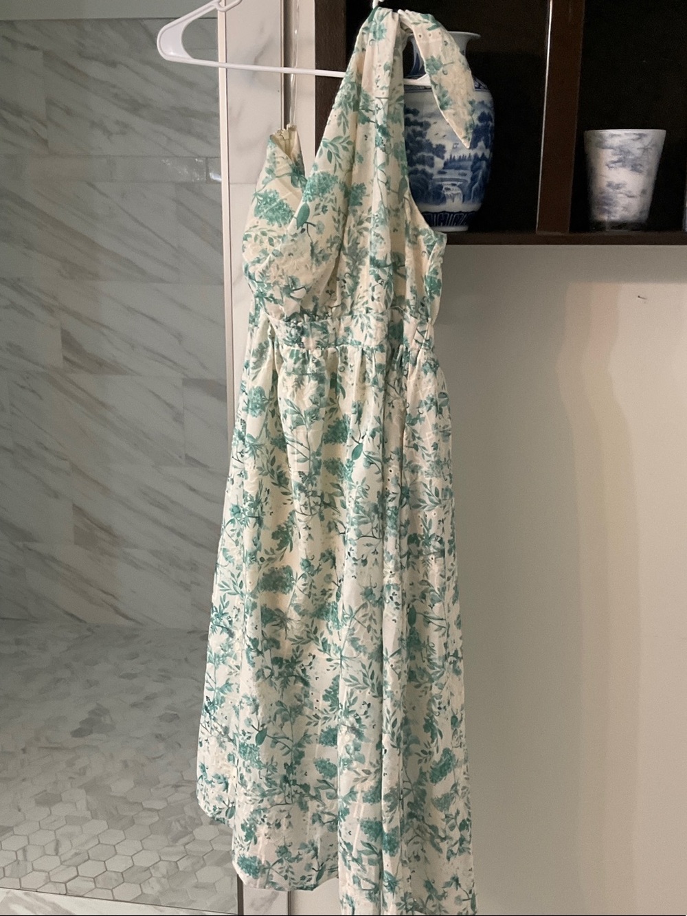 entro One-Shoulder Cream Dress with Teal Floral Print